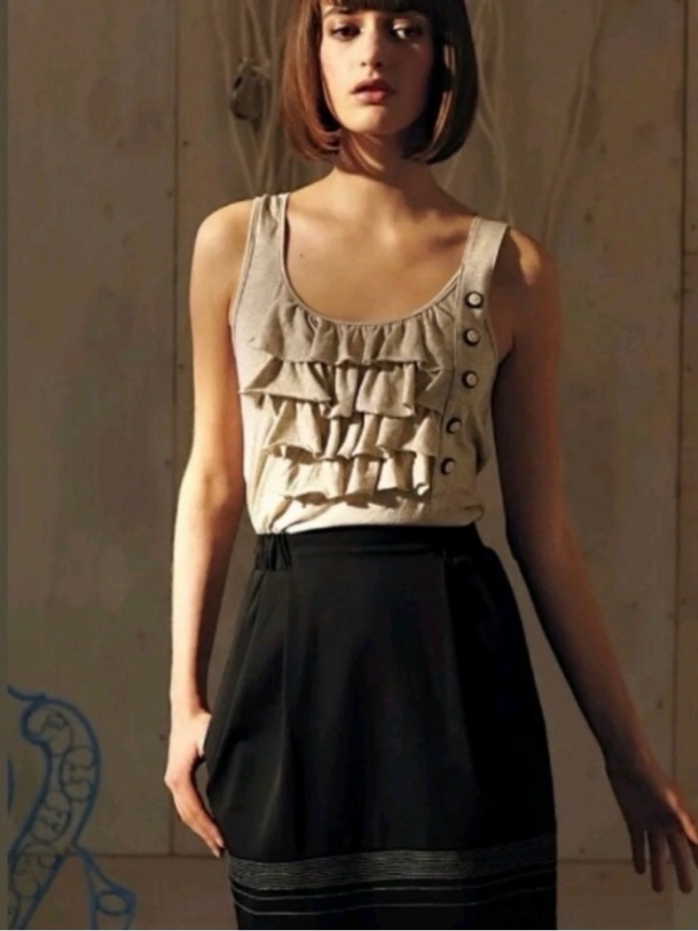 Anthropologie Ruffle Scoop Neck Mini Dress with Button Accent